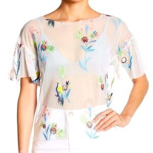 June & Hudson Women’s NWT White Colorful Sheer Bird Embroidered Top Size medium